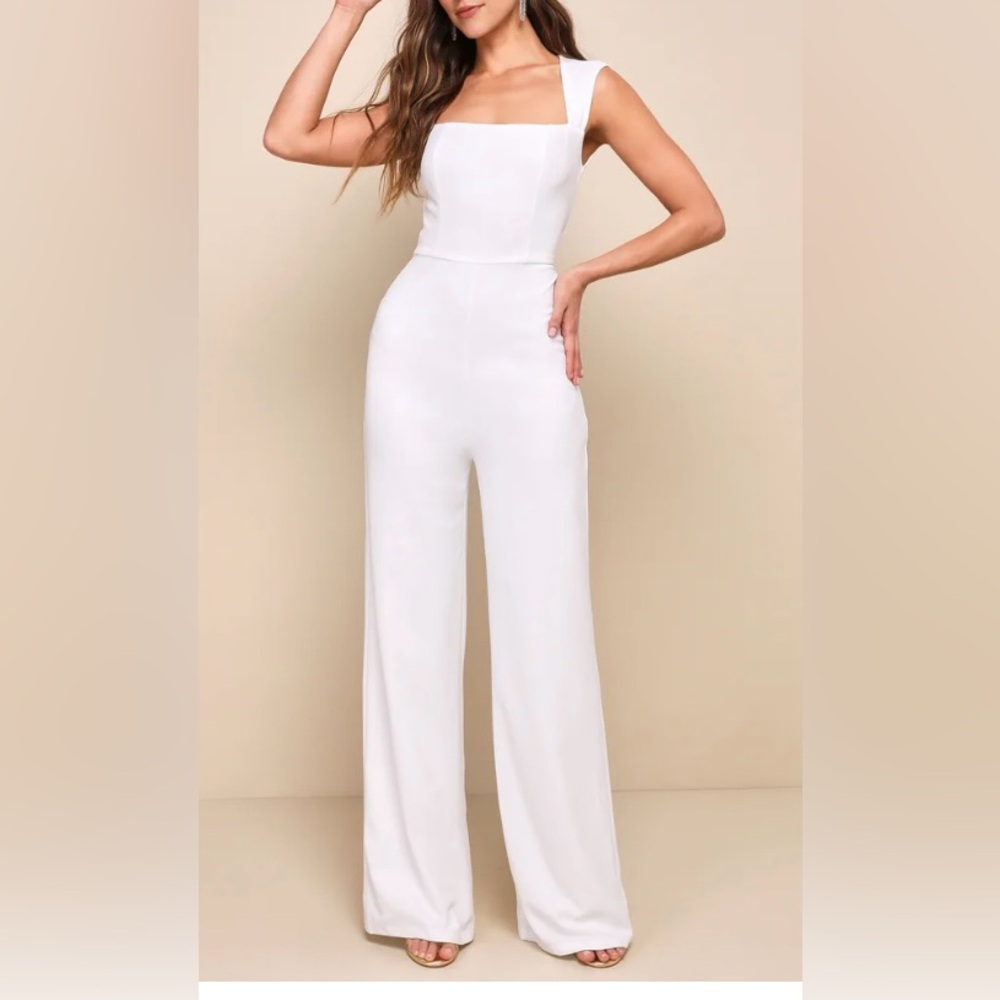 Lulu's White Square Neck Wide-Leg Jumpsuit